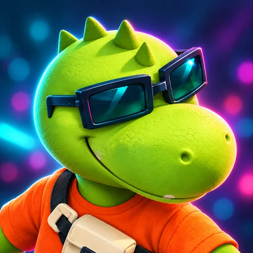 The Lip Pillow Run lizard in sunglasses, lit by a colorful neon glow.
