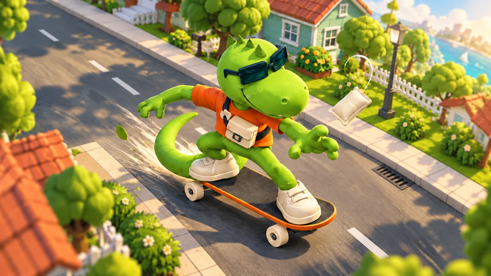 Our sunglasses-wearing green lizard skates through a sunny neighborhood, tossing a pillow from an orange skateboard.