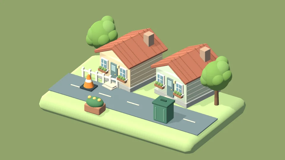 Sunny Side: a stylized neighborhood of pastel houses, leafy trees and sunlit roads.