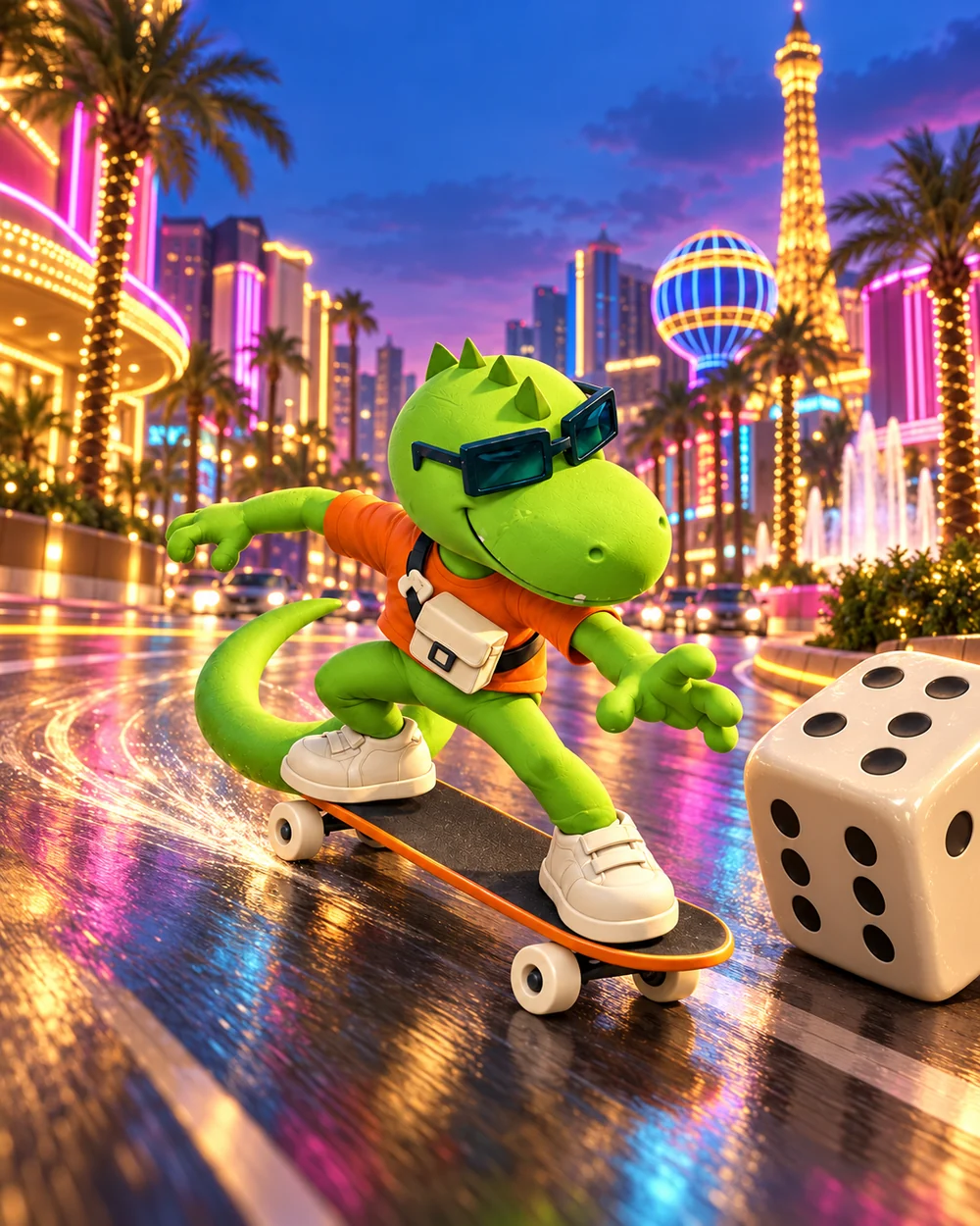 Promotional illustration of the lizard skating through a neon-lit Vegas scene.